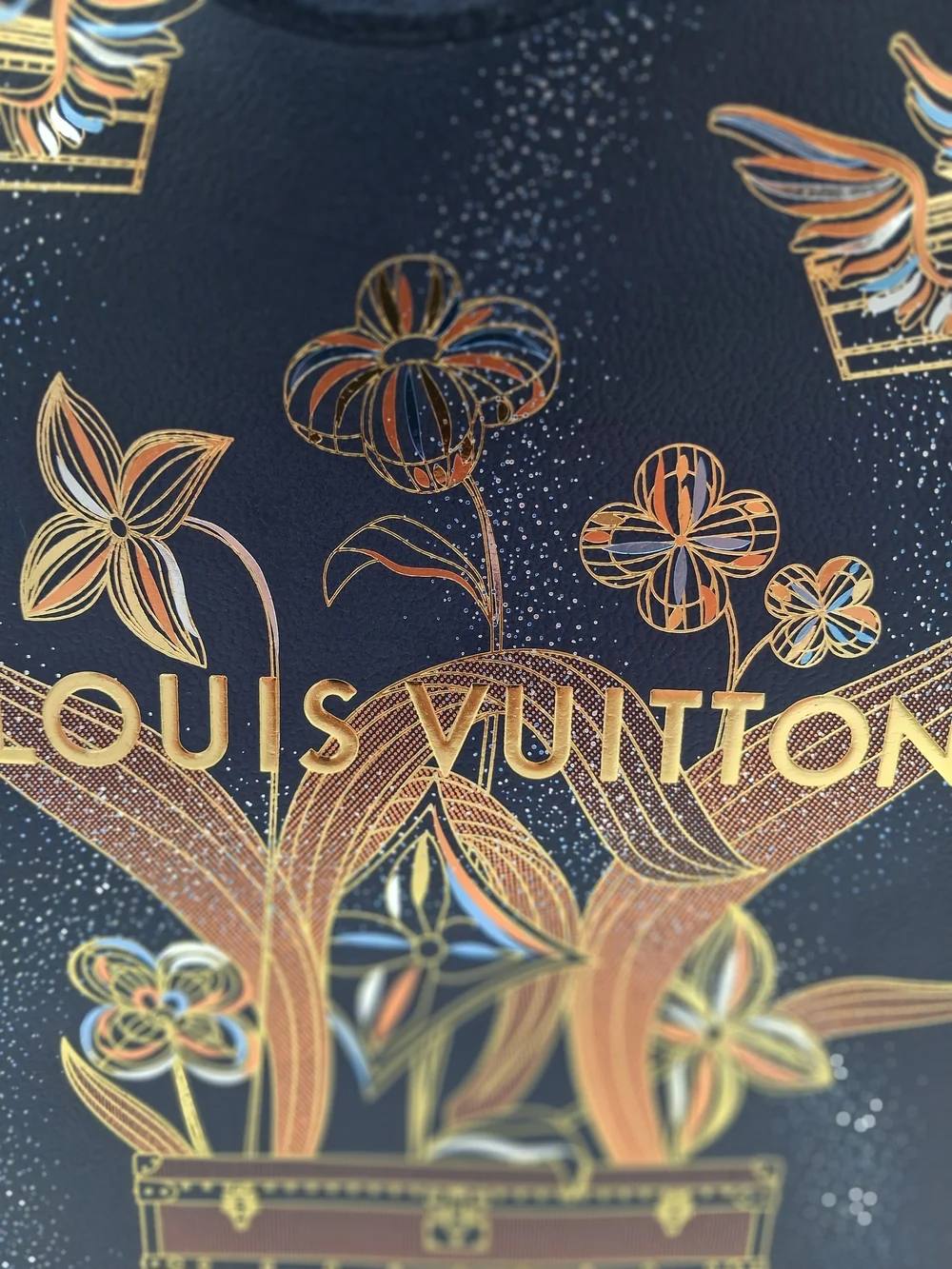 LOUIS VUITTON Le Voyage des Lumières Holiday Gift Bag Trunk Floral Navy Gold